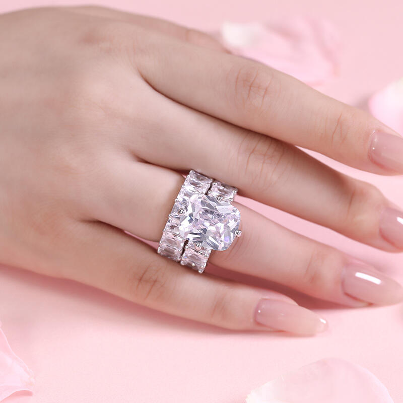 Jeulia Cushion Cut Three Sided Pave Sterling Silver Eternity Ring Set