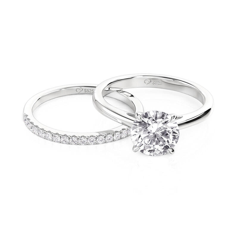 Jeulia Conjunto De Anillos Clásicos De Corte Redondo En Plata De Ley