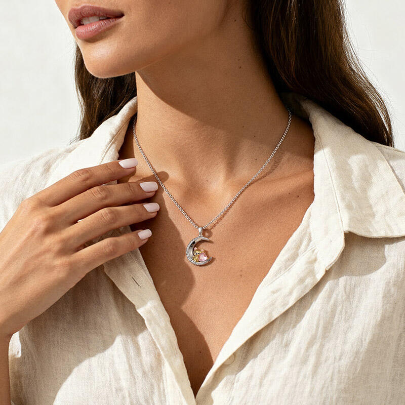Jeulia Hug Me Custom Teddy Bear Moon Necklace With Birthstone