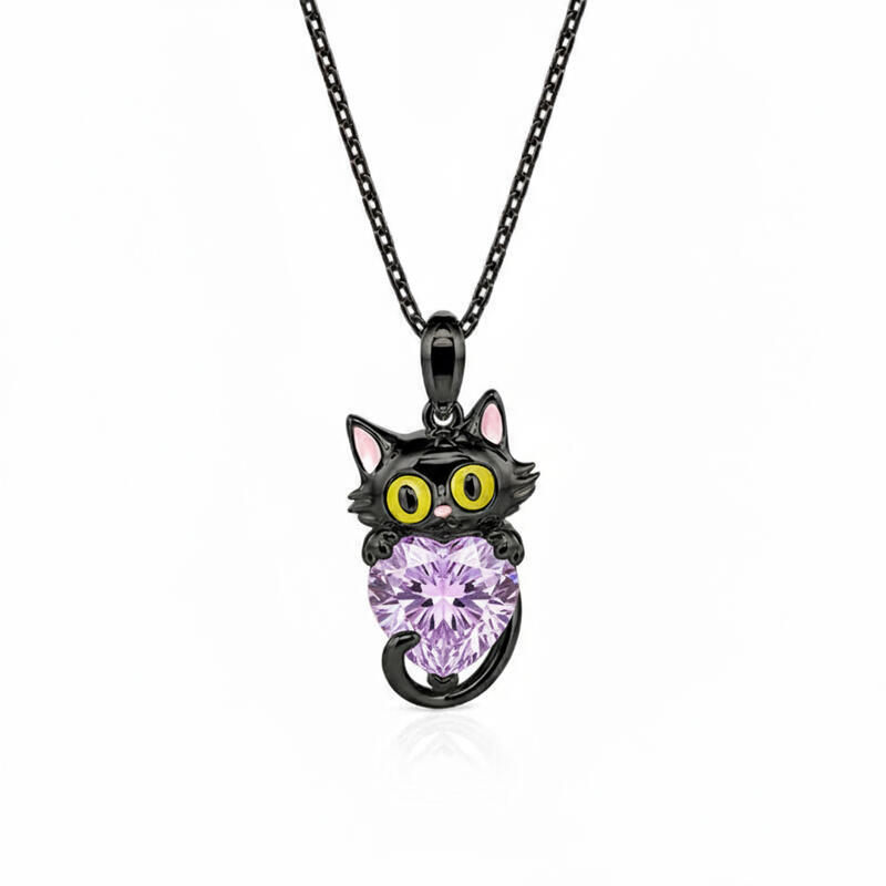 Jeulia Hug Me Custom Birthstone Black Cat Necklace