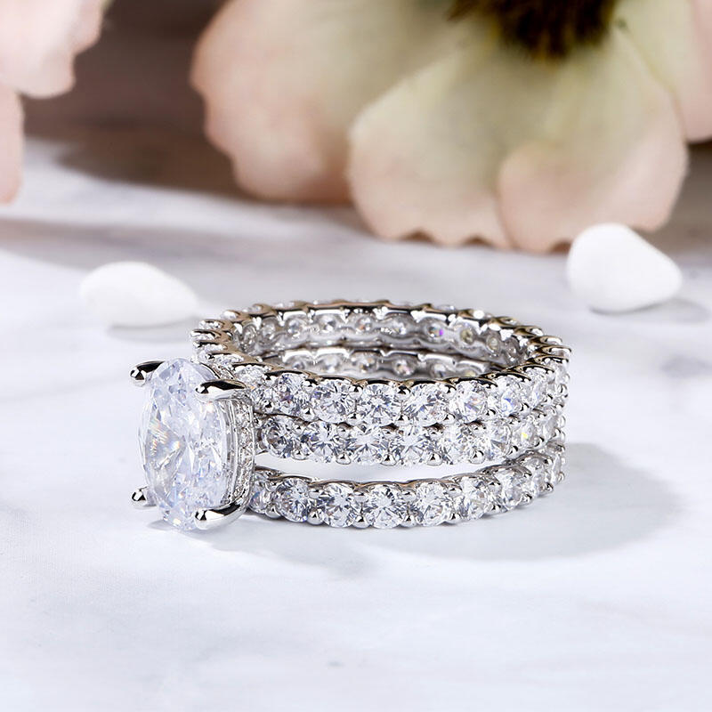 Jeulia Terno De Anillos De Talla Ovalada En Plata De Ley