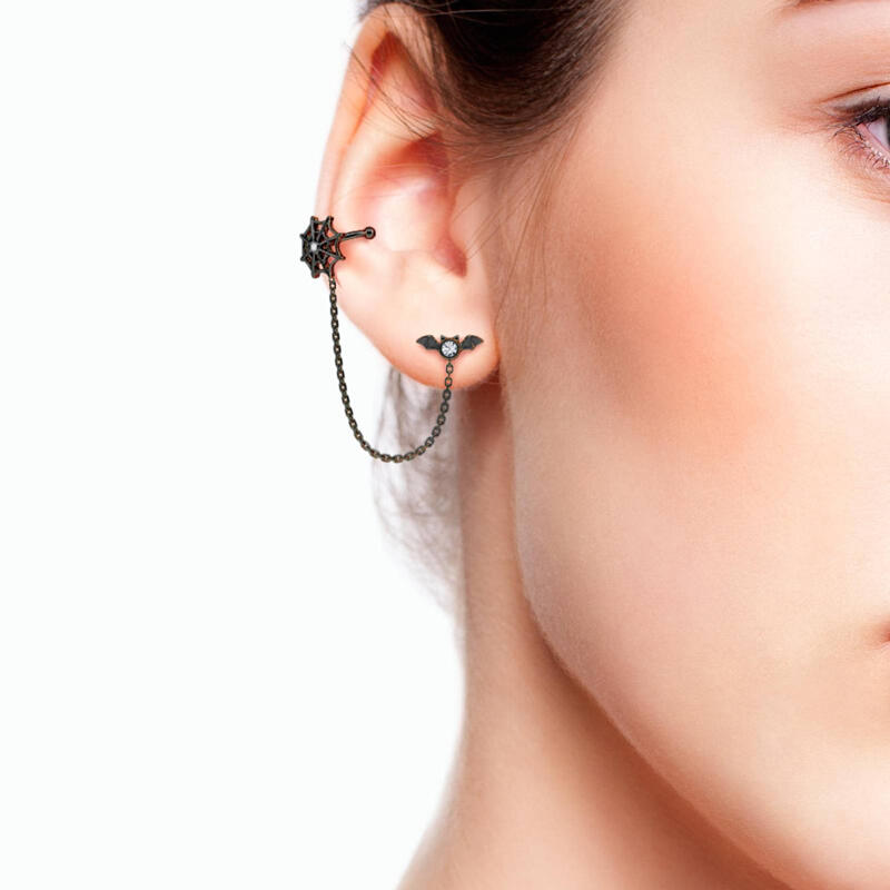 Jeulia "Black Tale" Bat & Spider Web Mismatched Sterling Silver Earrings