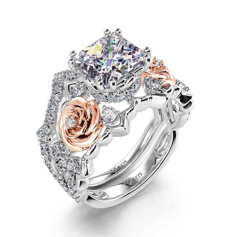 Jeulia "True Love" Rose Princess Cut Sterling Silver Ring Set