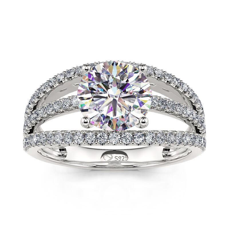 Jeulia Anillo de Compromiso de Plata de Ley de Corte Redonda con Vástago Dividido y Pavé