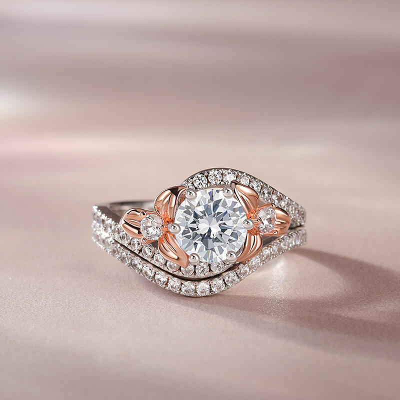 Jeulia Floral Design Round Cut Sterling Silver Ring Set