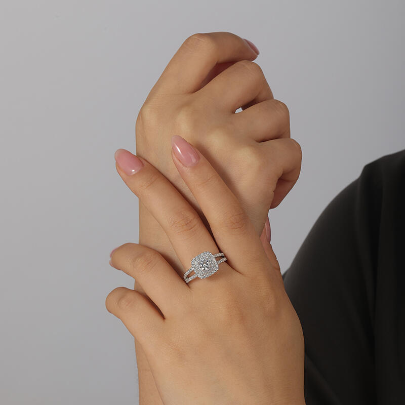 Jeulia Classic Double Halo Engagement Ring Sterling Silver