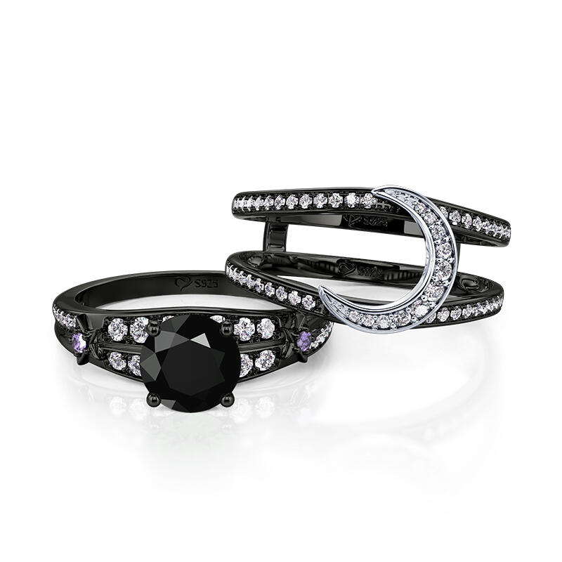 Jeulia Simple Black Moon and Star Ring Set