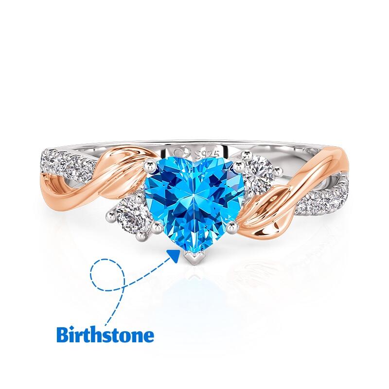 Jeulia Amore Bague Cœur Feuille Deux Tons Personnalisée avec Pierre de Naissance