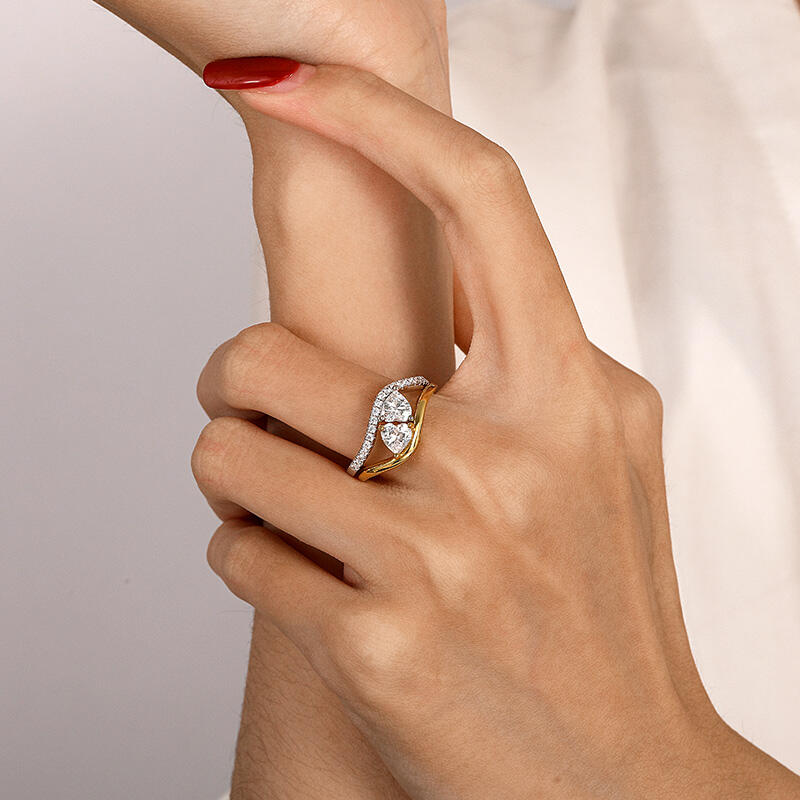 Jeulia Unique Two Tone Double Heart Ring Set Sterling Silver