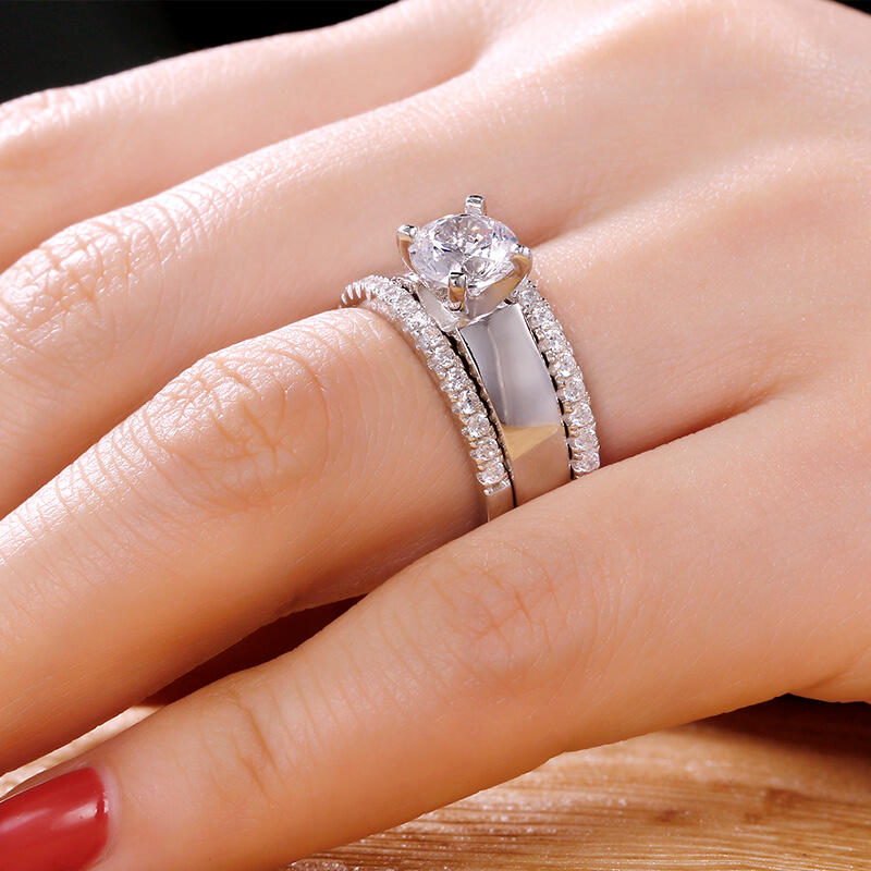 Jeulia Ensemble de Bagues en Argent Sterling Coupe Ronde 3PC