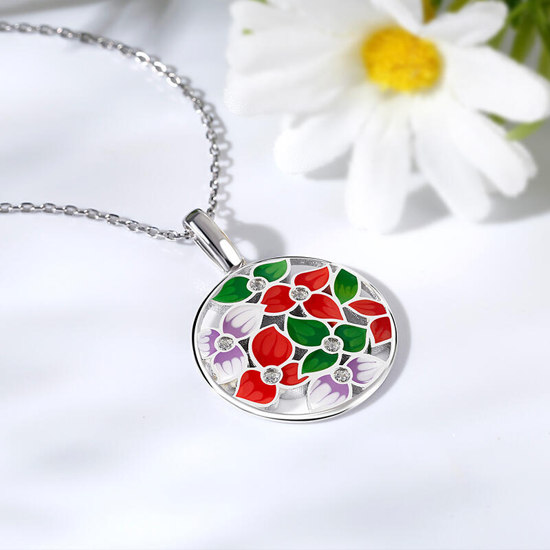 Jeulia Collar Mujer con Colgante Redondo de Flor de Plata Esmaltada