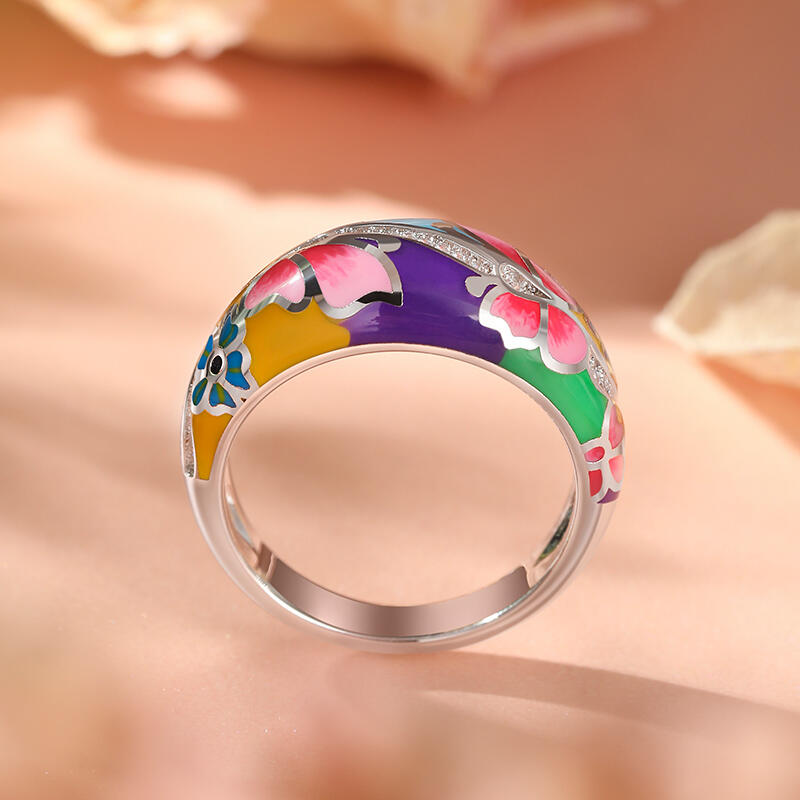 Jeulia Anillo de mariposa y flor esmalte de plata esterlina de las mujeres