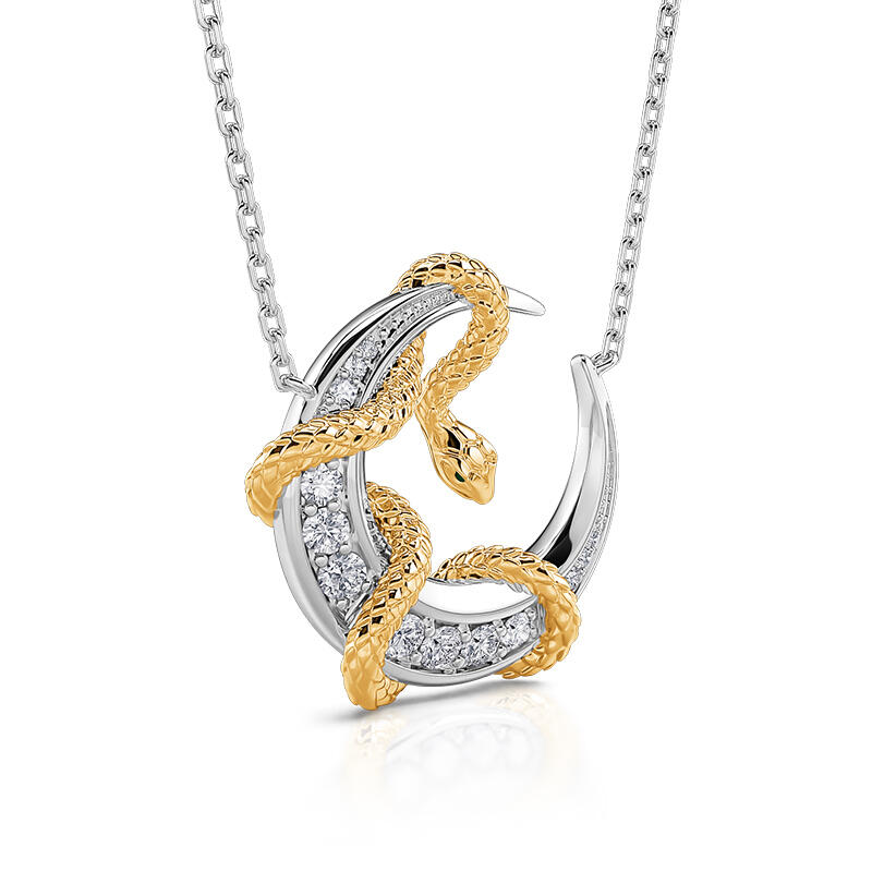 Jeulia "Golden Embrace" Snake & Moon Sterling Silver Necklace