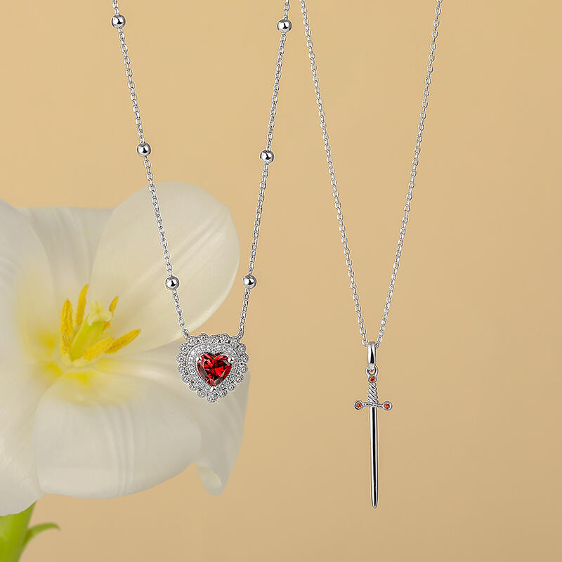 Jeulia Sword Couples Ruby Heart Necklace