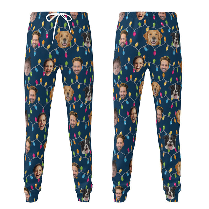 Gepersonaliseerde unisex joggingbroek met foto van hoofd Lichtjesontwerp Kerstcadeau voor familie