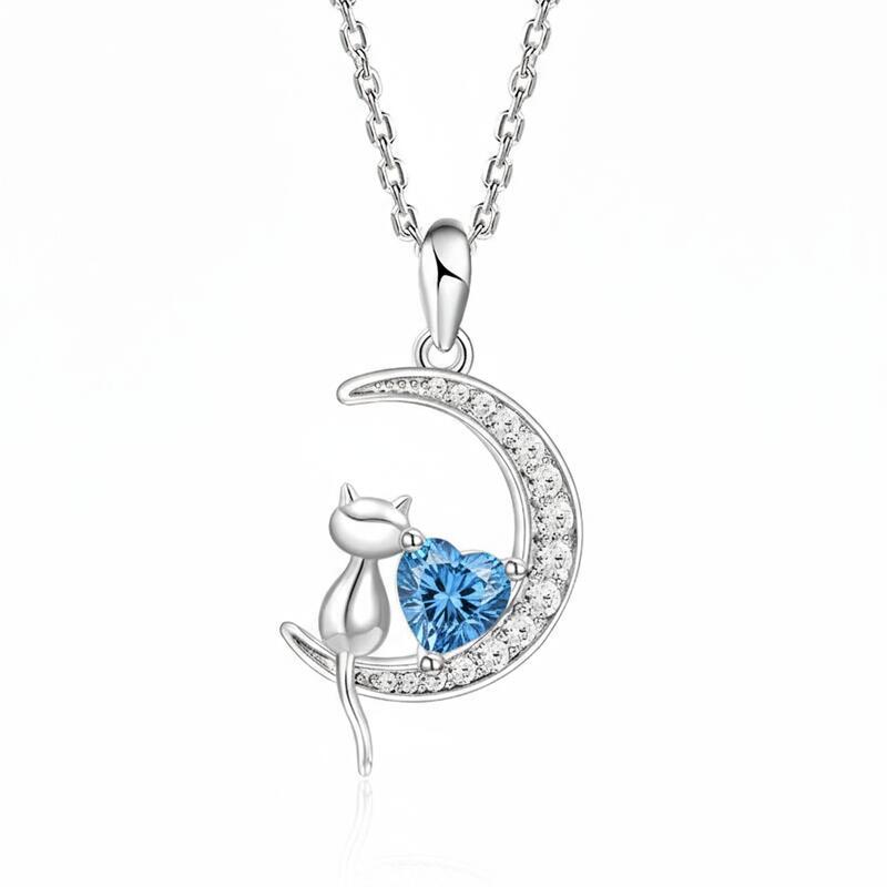 Jeulia 誕生石付きキャット＆ハート・ムーン・ネックレス
