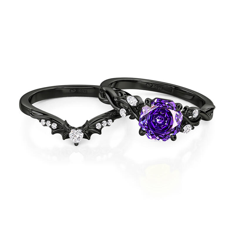 Jeulia Black Thorn Purple Rose Cut Ring Set Sterling Silver