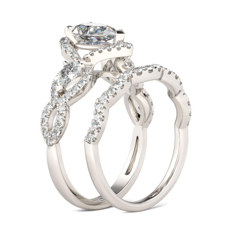 Jeulia Three Stone Twist Pear Cut Sterling Silver Ring Set