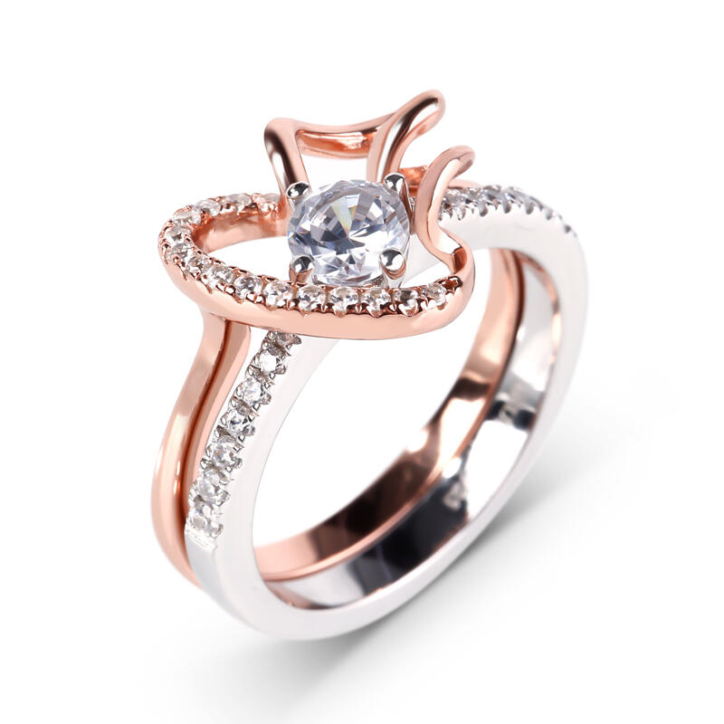 Jeulia Conjunto De Anillos Entrelazados Con Dos Tonos De Talla Redonda En Plata De Ley