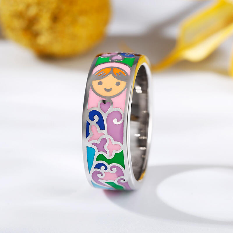 Jeulia Anillos de mujer de plata de ley con esmalte de flor y caras sonrientes