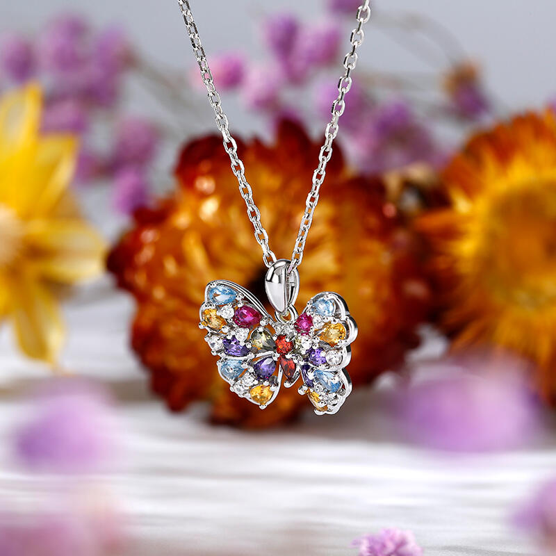 Jeulia Multi Colored Pear Cut Butterfly Sterling Silver Necklace