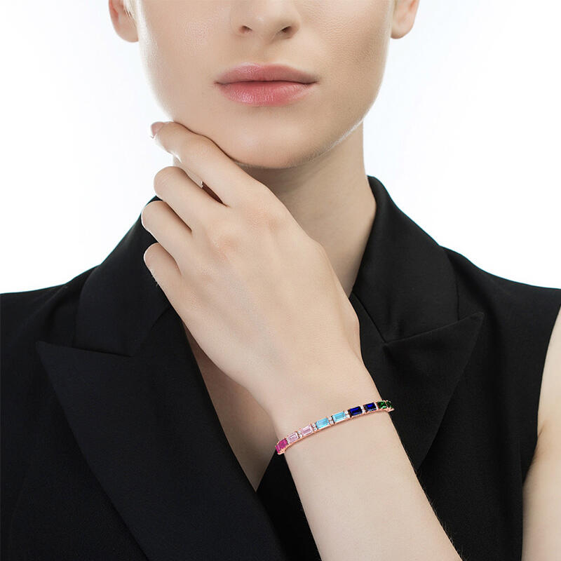 Jeulia Rainbow Emerald Cut Sterling Silver Tennis Bracelet