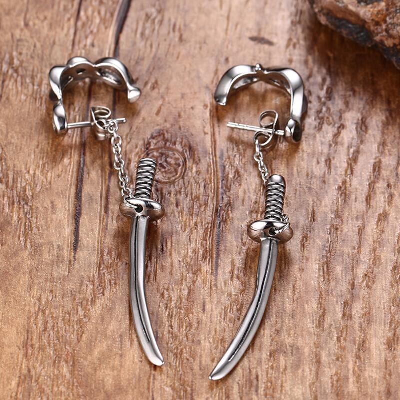 Jeulia Punk Style Sword Men's Titanium Steel Chain Earrings