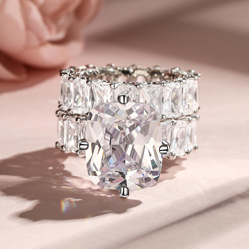 Jeulia Cushion Cut Three Sided Pave Sterling Silver Eternity Ring Set