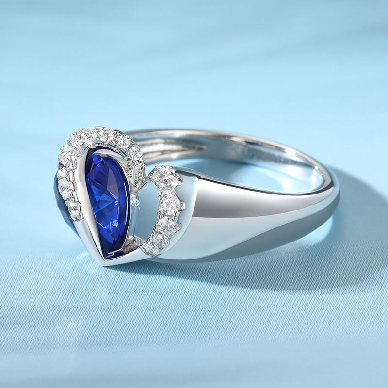 Jeulia "Vibration" Two Heart Sapphire Ring Hollow Design Sterling Silver