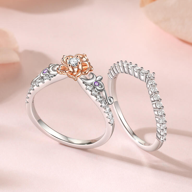 Jeulia Rose Gold Flower Promise Ring Set Two Tone Sterling Silver