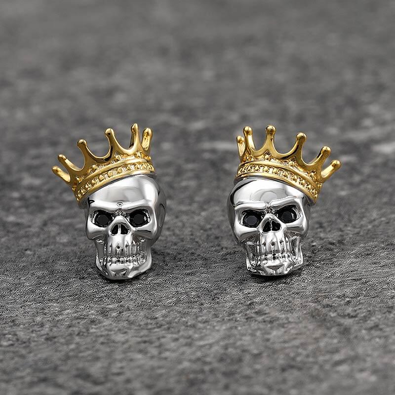 Jeulia Pendientes corona de calavera y huesos cruzados en plata de ley