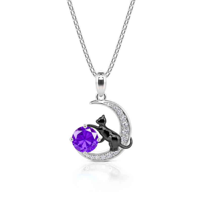Jeulia Collar Personalizado con Gato Negro en la Luna con Piedra Natal de Plata Esterlina