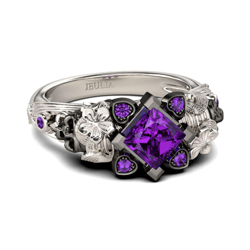 Jeulia Anillo De Caravera Con Dise?o Floral De Talla Princesa En Plata De Ley