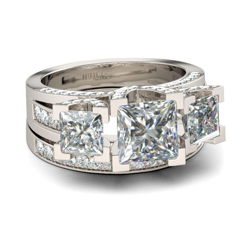 Jeulia Three Stone Princess Cut Sterling Silver Ring Set
