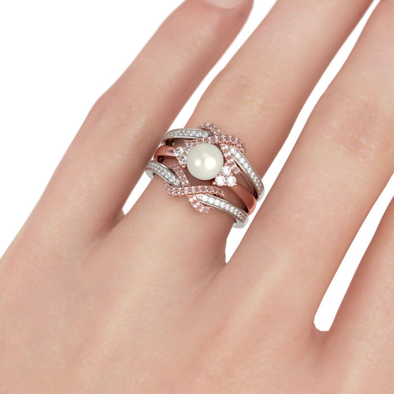 Jeulia Two Tone Faux Pearl Sterling Silver Enhancer Ring Set