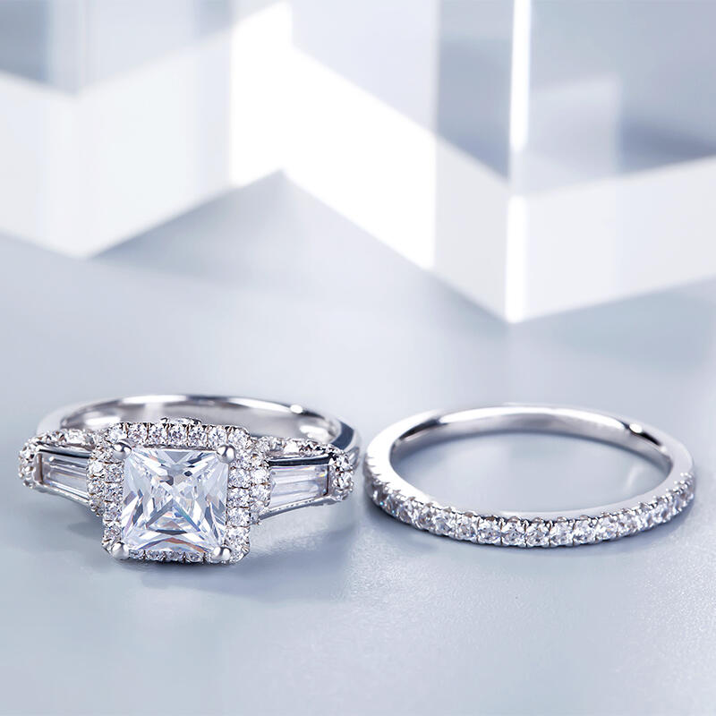 Jeulia Three Stone Halo Princess Cut Sterling Silver Ring Set