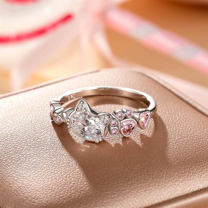 Jeulia Anillo de Gato de Moda con Lazo y Piedras Rosas