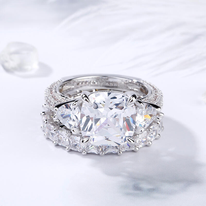 Jeulia Three Stone Cushion Cut Sterling Silver Ring Set