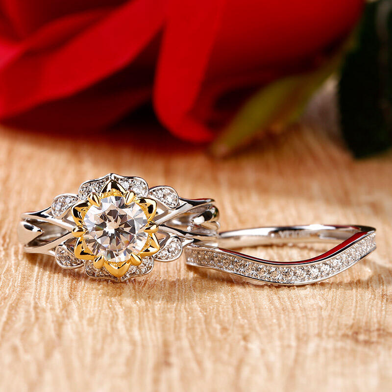 Jeulia Flower Round Cut Sterling Silver Ring Set