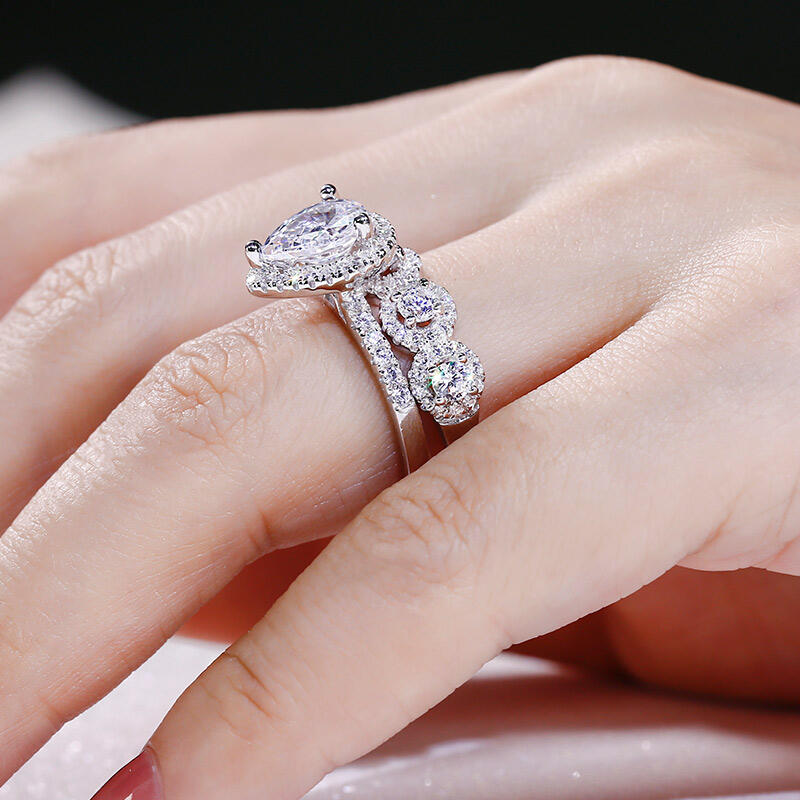 Jeulia Halo Pear Cut Sterling Silver Ring Set