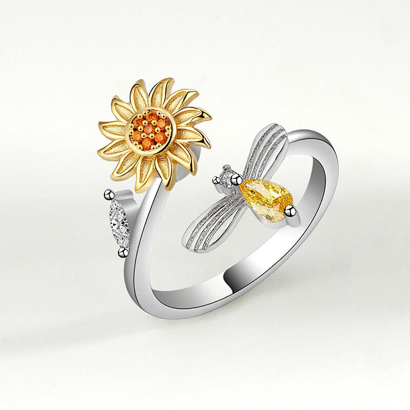Jeulia Sunflower&Bee Rotating Soothe Sterling Silver Adjustable Open Ring