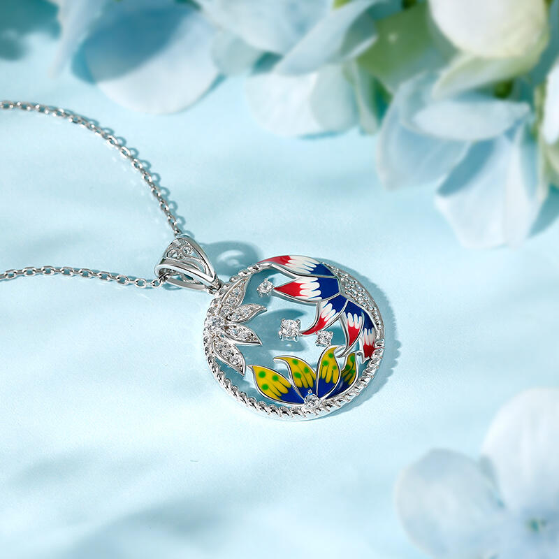 Jeulia Collares de mujer de plata de ley con esmalte en forma redonda de flores coloridas