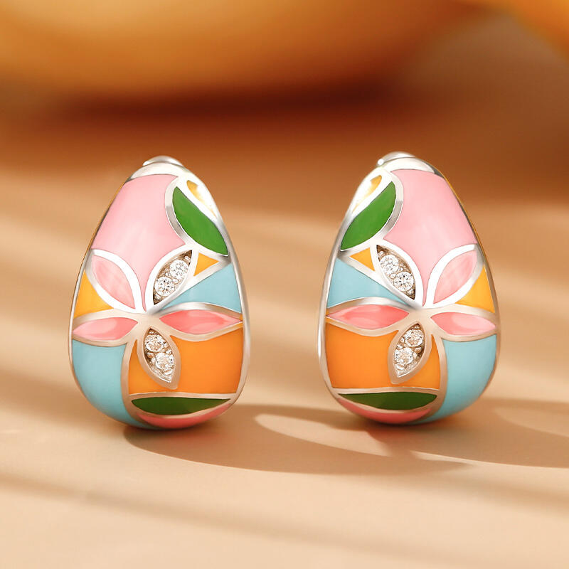 Jeulia "Bright & Fun" Flower Enamel Sterling Silver Hoop Earrings