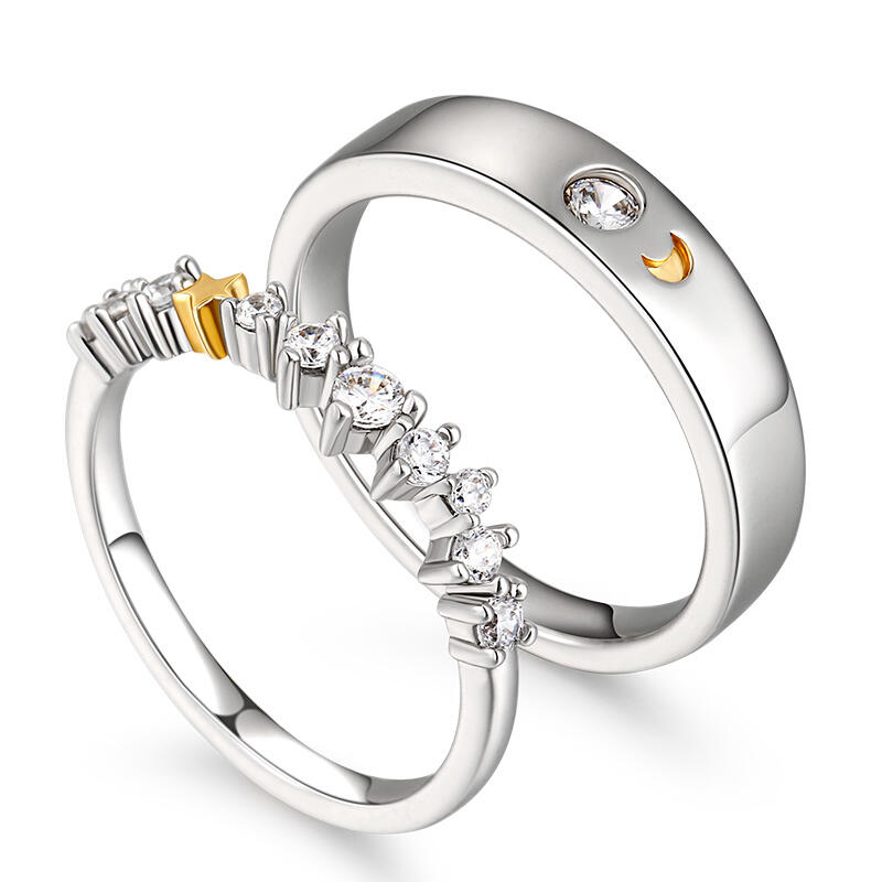 Jeulia Anillo pareja de luna y estrella de compromiso de plata de ley
