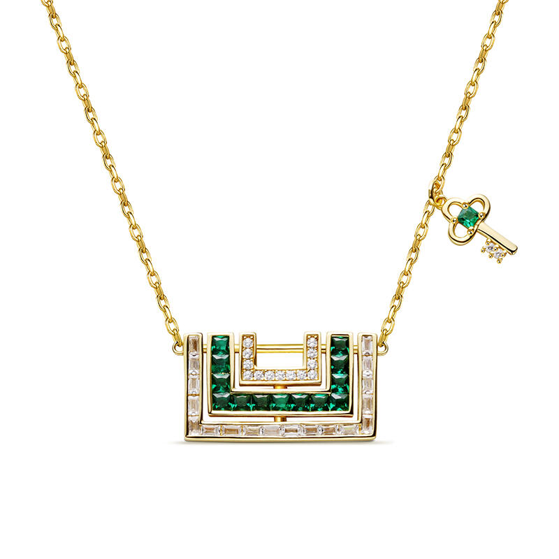 Jeulia Square Lock with Key Sterling Silver Necklace