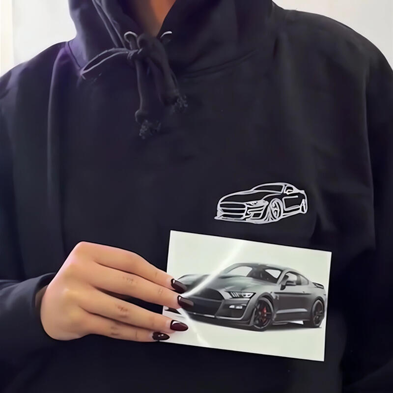 Sudadera con capucha personalizada bordada con diseño de dibujo lineal de coche para amigo