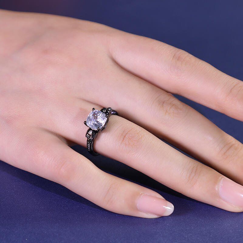 Jeulia "Eternal Love" Black Skull Cushion Cut Gothic Sterling Silver Ring