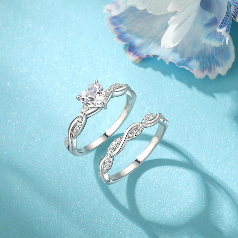 Jeulia Twist Heart Cut Sterling Silver Ring Set