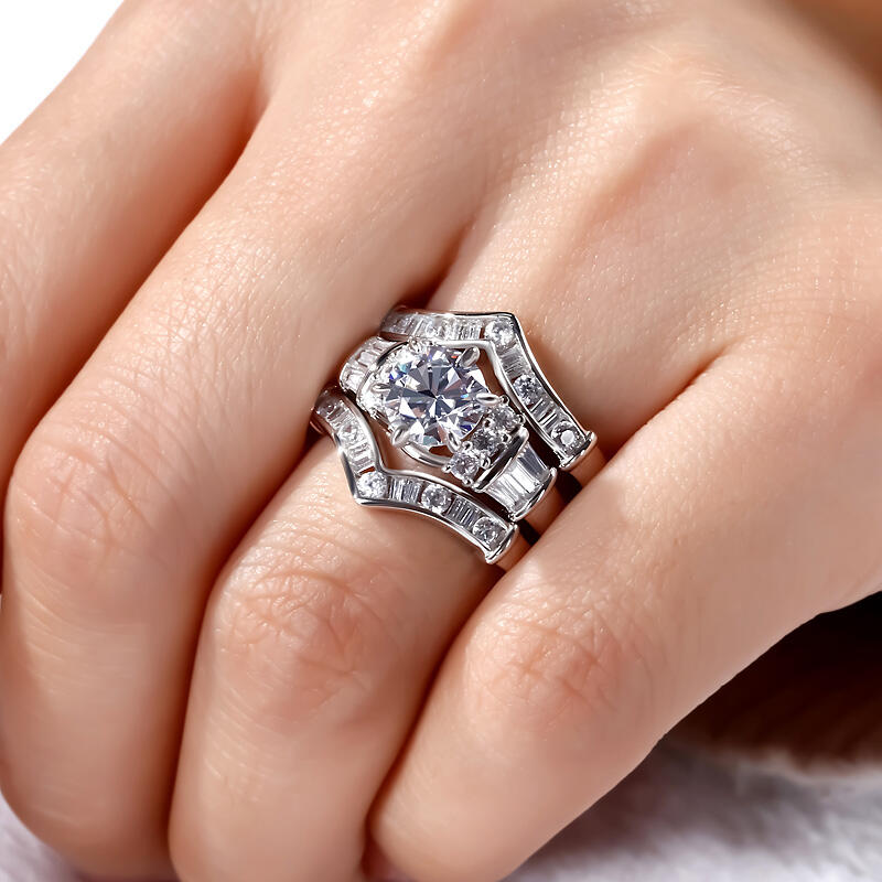 Jeulia 3PC Art Deco Round Cut Sterling Silver Ring Set