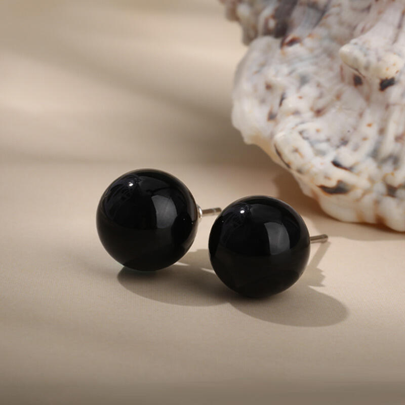 Jeulia "Believe in Yourself" Round Natural Black Agate Stud Earrings